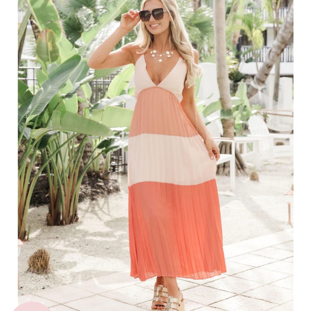 Pink Lily XS Long Weekends Terracotta Color Block Pleated Maxi Dress
